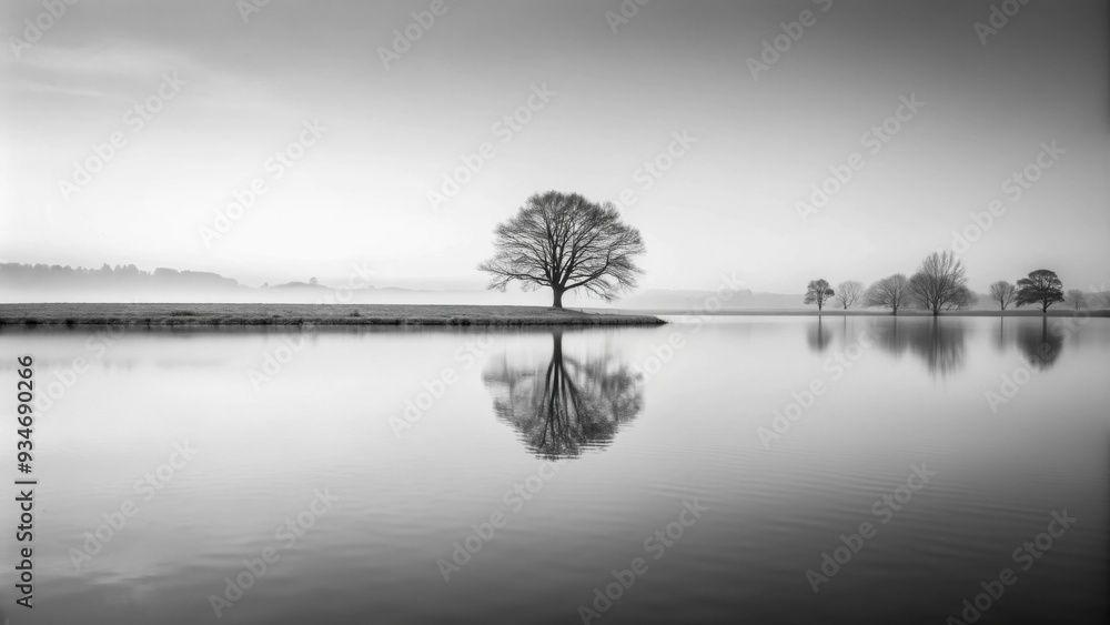 Fototapeta premium Minimalist black and white photograph of a serene early morning landscape, minimalist, morning, serene, peaceful, tranquil