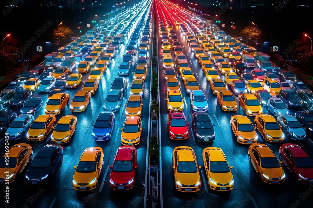 Obraz premium Traffic jam with vibrant colored cars on a city road at night