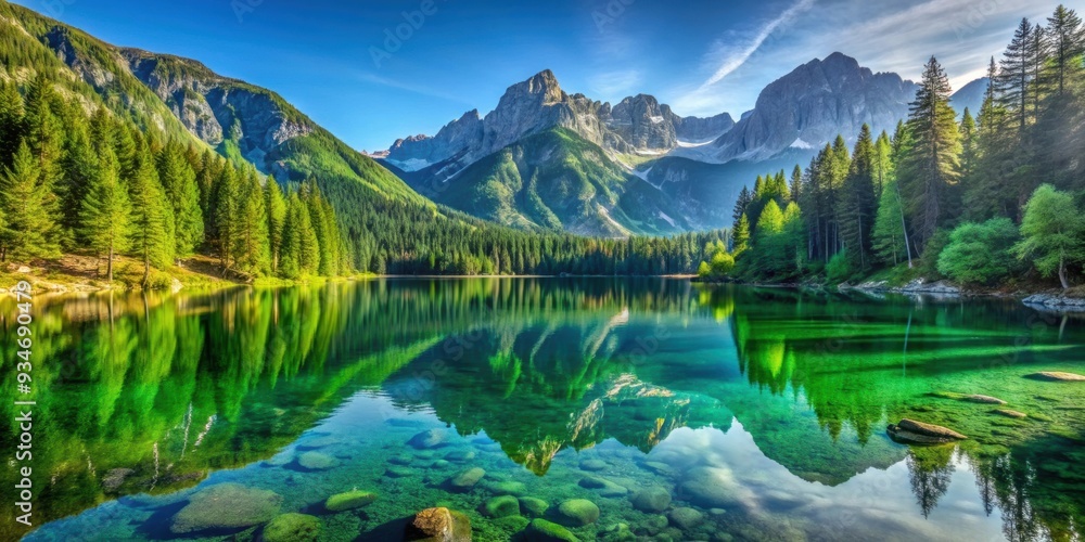 Fototapeta premium Lush green forest reflecting in crystal-clear lake surrounded by towering mountains , Canadian wilderness, British Columbia