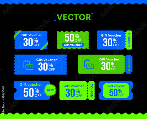 3d pack of coupons in blue and green, shopping icon, barcode and shape, coupon code. Coupon set isolated on dark background. Voucher template for special promotion. 3d Vector illustration. Vector