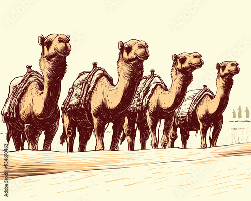 Detailed illustration of a caravan of camels standing in a desert, with each camel adorned with traditional saddles, emphasizing a journey theme
