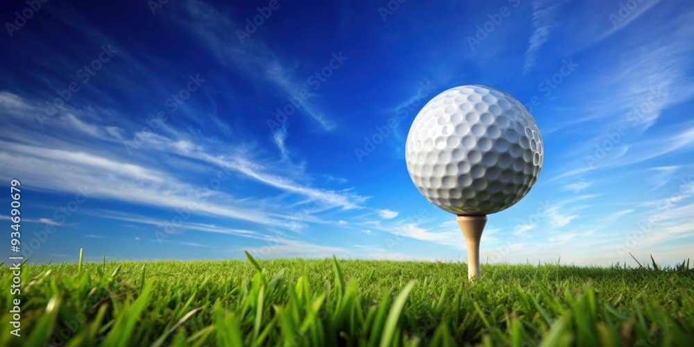 Golf ball on tee against blue sky, golf, sport, game, tee, sky, green, outdoor, equipment, round, recreation, leisure Golf ball on tee against blue sky, golf, sport, game, tee, sky, green, outdoor, equipment, round, recreation, leisure