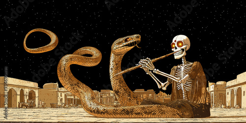 Dark and surreal illustration of a skeleton snake charmer playing a flute, with a massive cobra coiled around him, set in an ancient marketplace