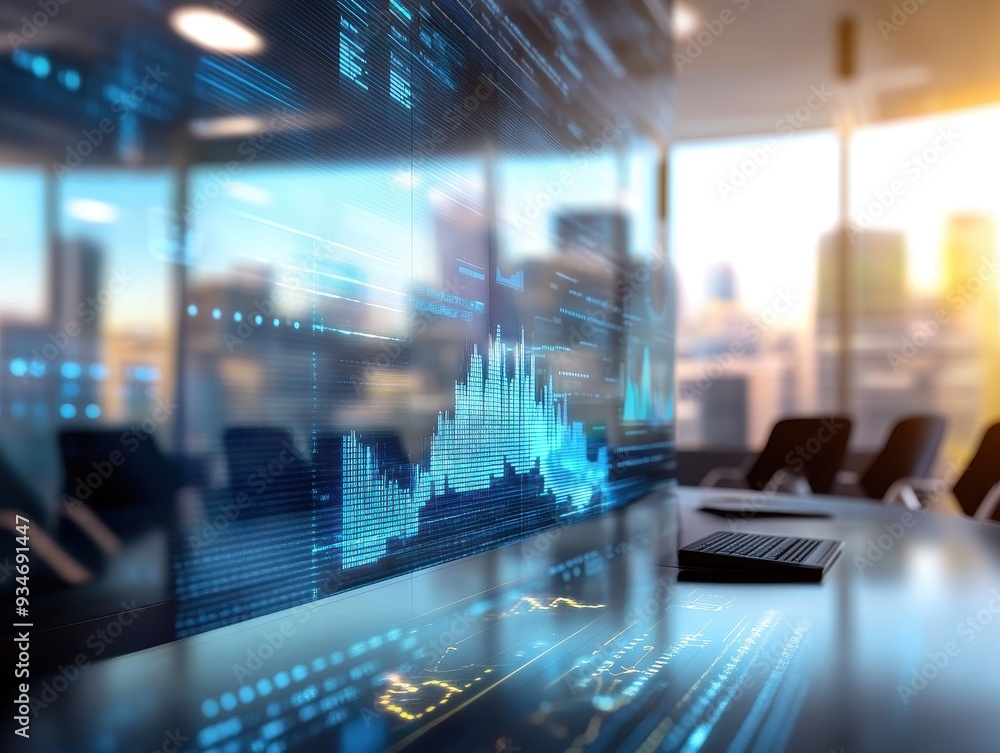 Modern Office Conference Room with Digital Data Visualization on Glass Wall in Bright Sunlit Environment Modern Office Conference Room with Digital Data Visualization on Glass Wall in Bright Sunlit Environment