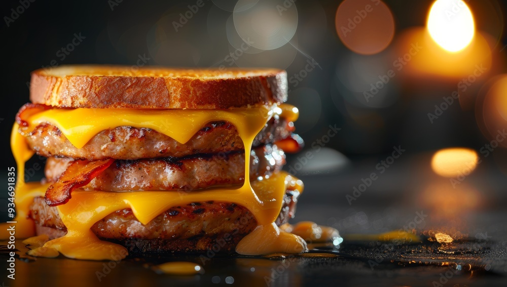 Melted Cheese Dripping from a Stacked Patty and Bacon Sandwich Melted Cheese Dripping from a Stacked Patty and Bacon Sandwich