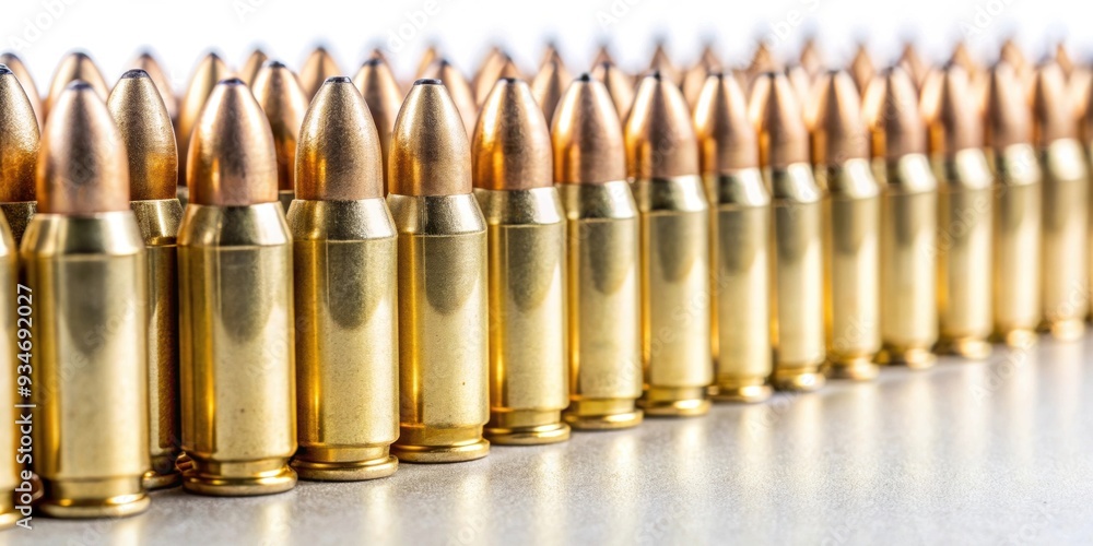 Stock photo of bullets lined up in perfect rows on a white background, bullets, rows, precision, ammunition, arrangement Stock photo of bullets lined up in perfect rows on a white background, bullets, rows, precision, ammunition, arrangement