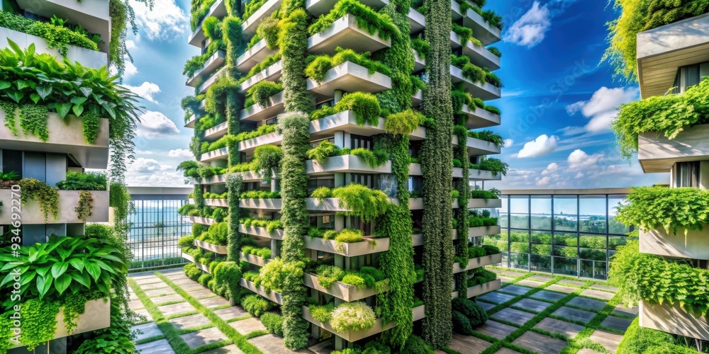 Vertical green living towers with plants growing on multiple levels Vertical green living towers with plants growing on multiple levels