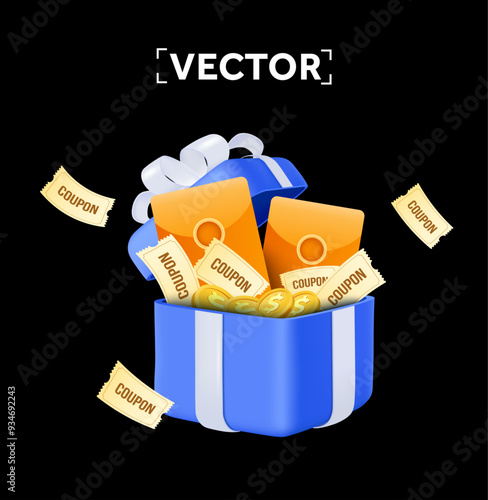 3d vector discount coupon, voucher vector event ticket icon badge in a gift box, isolated on dark background. Holiday sale, lucky win surprise, benefit reward program offer, online shopping bonus