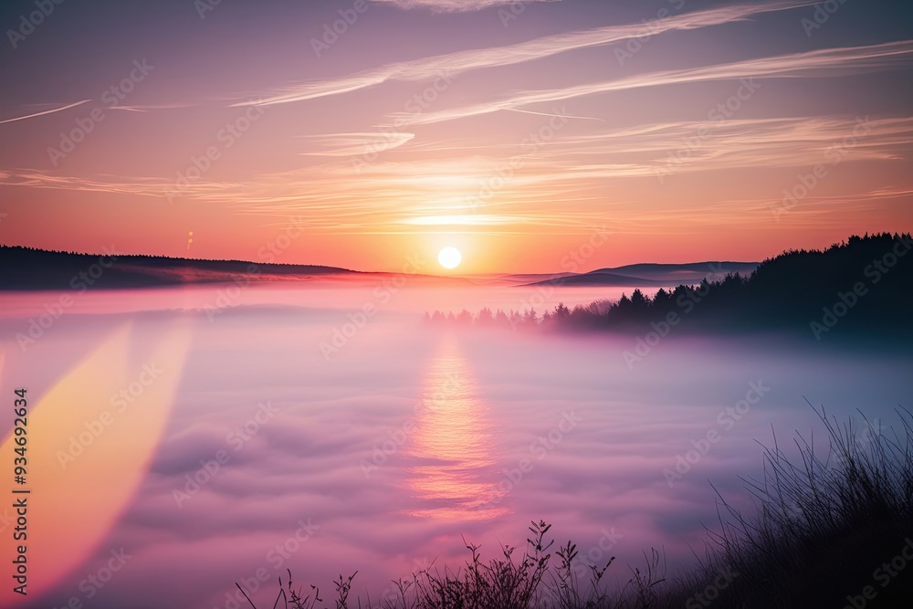 Fototapeta premium Dreamy Luminous Glare Effect with Misty Overlay and Enchanting Sunset Hues