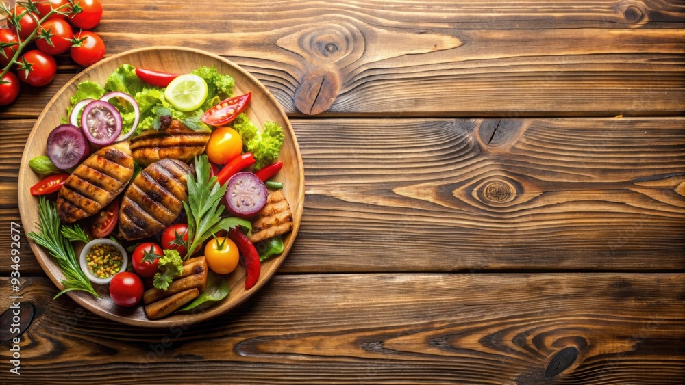 Plate of delicious food on a wooden table, food, meal, dinner, cuisine, gourmet, restaurant, serving, culinary, dish Plate of delicious food on a wooden table, food, meal, dinner, cuisine, gourmet, restaurant, serving, culinary, dish