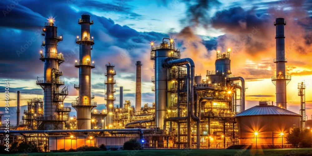 Industrial refinery at dusk with glowing lights, silhouetted machinery, and smokestacks emitting steam , industrial Industrial refinery at dusk with glowing lights, silhouetted machinery, and smokestacks emitting steam , industrial