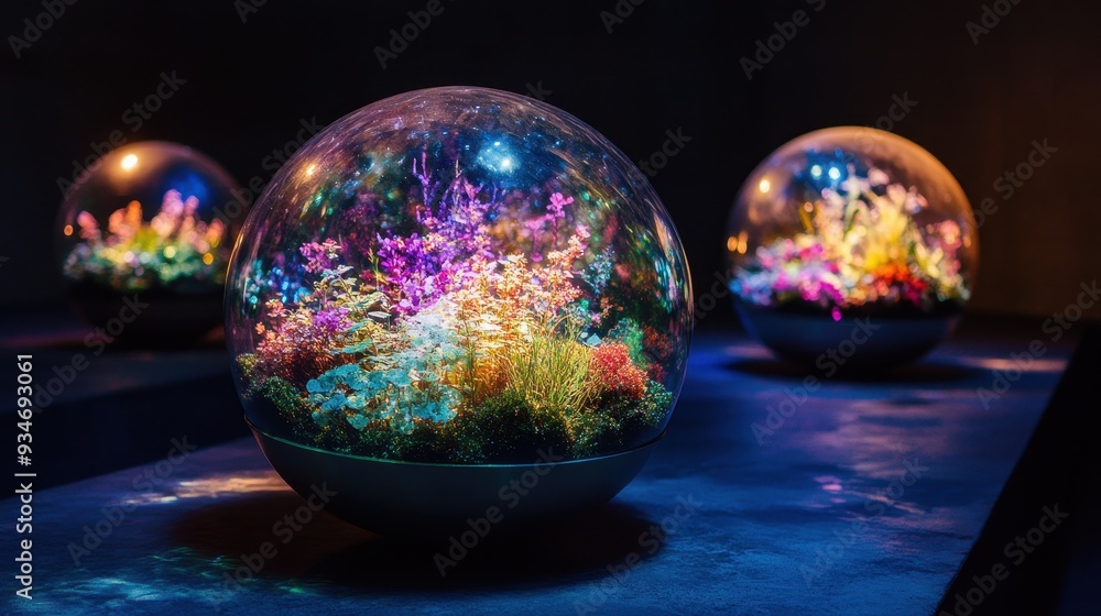 Vibrant Spherical Terrariums with Colorful Plants and Flowers in Dark Room with Artistic Lighting Vibrant Spherical Terrariums with Colorful Plants and Flowers in Dark Room with Artistic Lighting