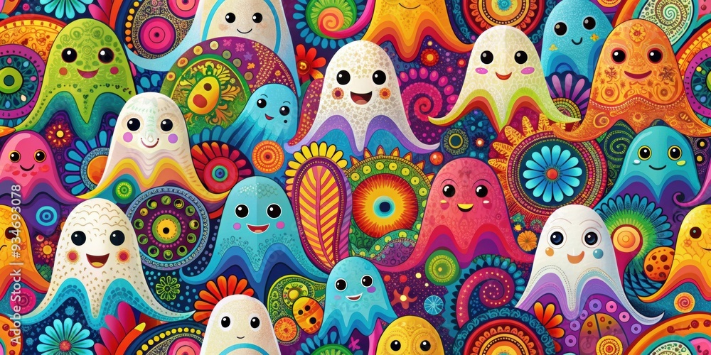 Vibrant and whimsical image of joyful ghosts in a colorful patterned background, ghosts, joyful, colorful, patterns Vibrant and whimsical image of joyful ghosts in a colorful patterned background, ghosts, joyful, colorful, patterns