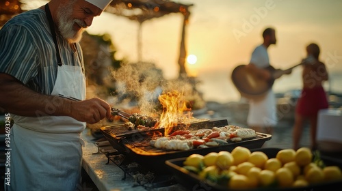 Chef Grilling Delicious Food Outdoors at Sunset with Musicians in the Background