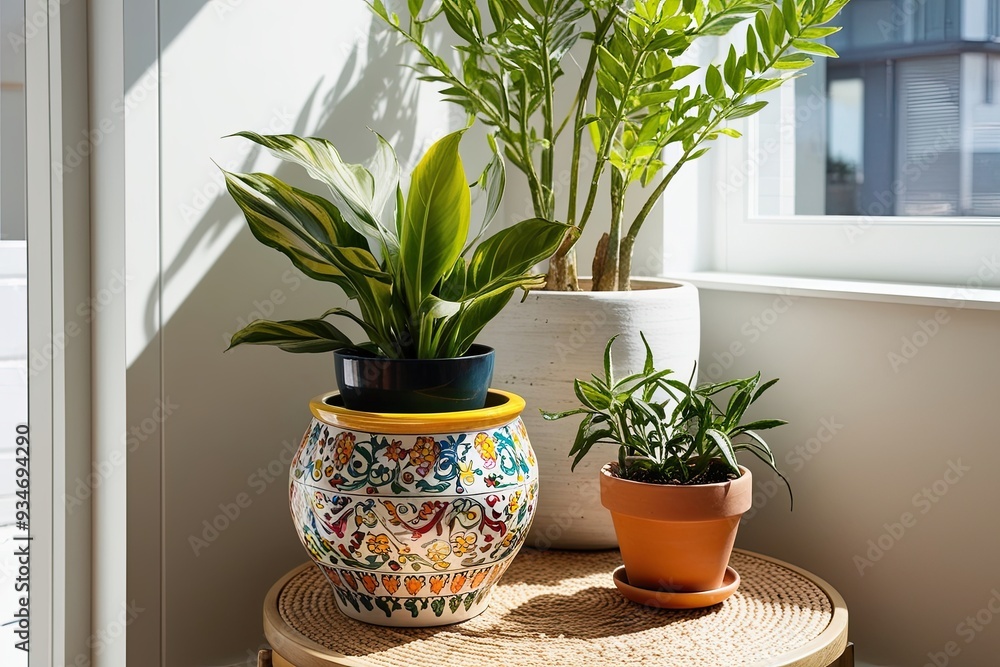 Fototapeta premium Cheerful Ceramic Accent Table with Potted Plants in a Sunlit Corner of a Modern Home
