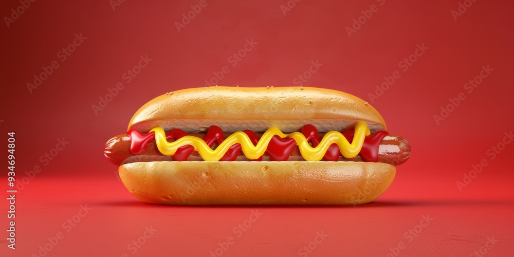 Hot Dog with Mustard and Ketchup on Red Background Hot Dog with Mustard and Ketchup on Red Background