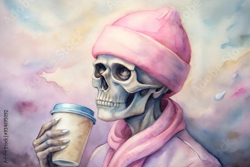 skeleton with coffee