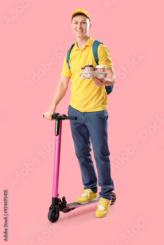 Male courier with coffee an...