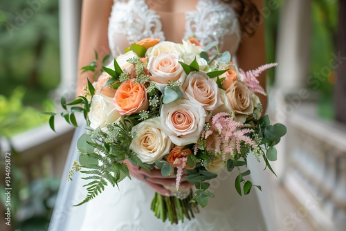 Bride Holding Beautiful Floral Bouquet of Roses and Greenery in Outdoor Setting