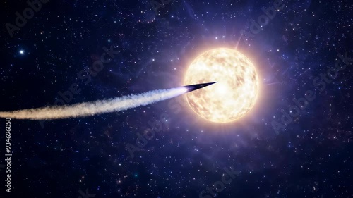 A jet soars across the sky, silhouetted against the sun, leaving a trail of smoke that elegantly arcs behind it, creating a striking contrast in the bright atmosphere.