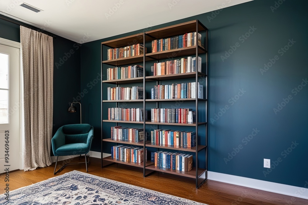 Fototapeta premium Modern Metal Bookshelf Displaying Organized Books in a Functional Study Interior