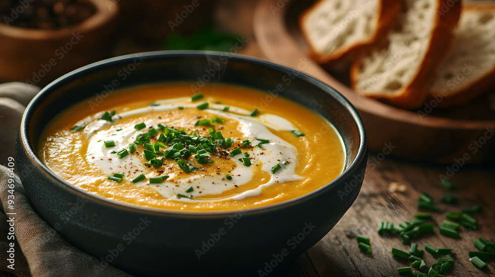 Gourmet soup with creamy swirl and crusty bread Gourmet soup with creamy swirl and crusty bread