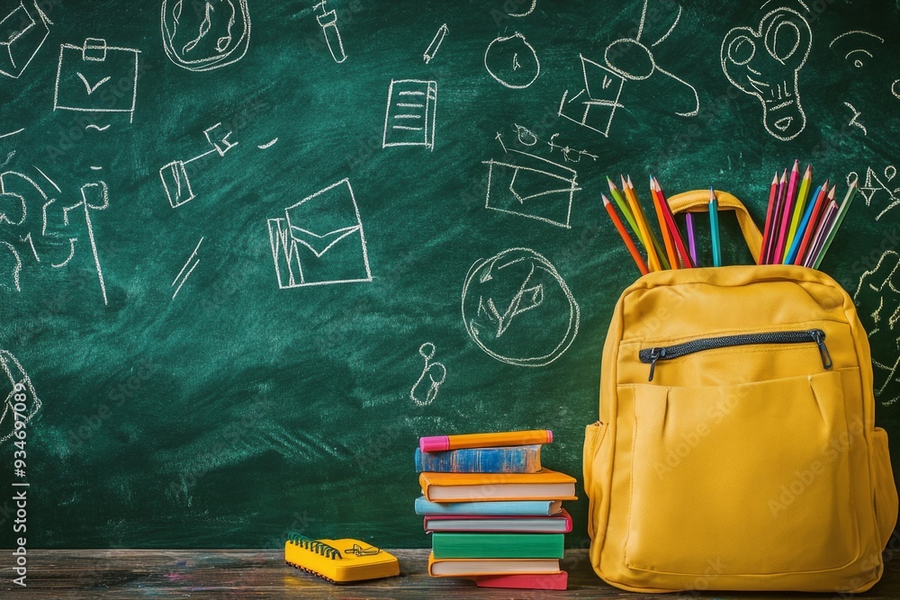 A bright yellow backpack with colorful pencils stands next to a stack of books. A chalkboard in the background displays school doodles. Perfect for education themes. Generative AI A bright yellow backpack with colorful pencils stands next to a stack of books. A chalkboard in the background displays school doodles. Perfect for education themes. Generative AI