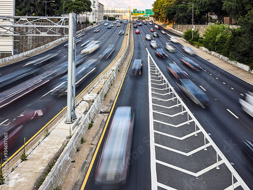 Canvas Print Cars driving down the highway with motion blur effect through rush hour traffic