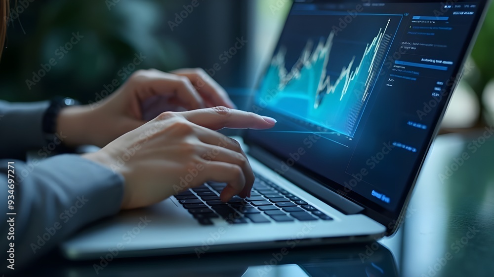 business woman working on the laptop computer, data analytics positive results, modern futuristics virtual reality technology concept, hologram tech in daily work business woman working on the laptop computer, data analytics positive results, modern futuristics virtual reality technology concept, hologram tech in daily work
