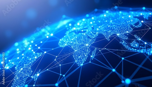 Digital blue technology world map centered on Asia, globally connected with wire communication, networking satellite, modern dynamic geography