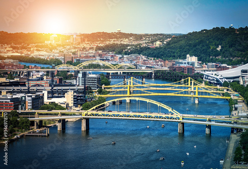 Bridges across the Allegheny River in Pittsburgh Pennsylvania with sunlight background photo