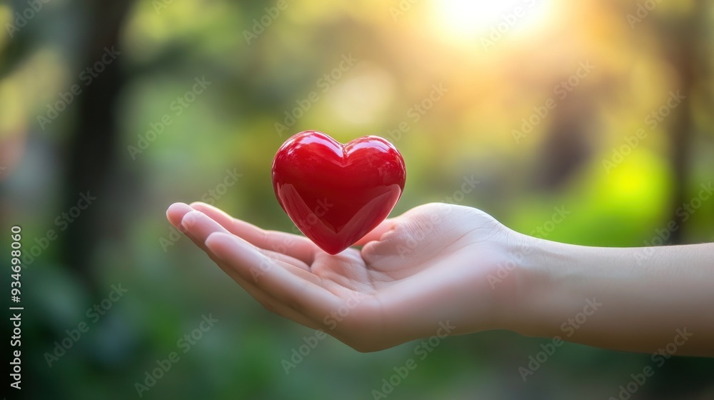 Red Heart in Hand with Blurred Green Background Red Heart in Hand with Blurred Green Background