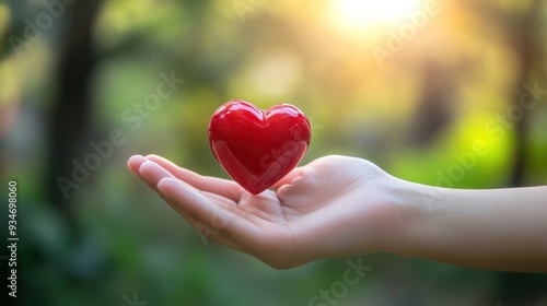 Red Heart in Hand with Blurred Green Background