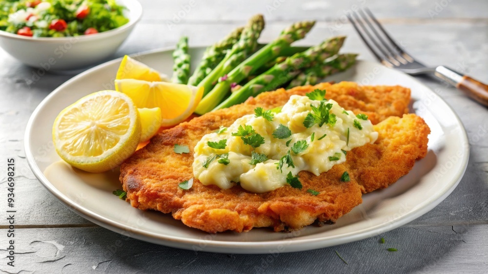 Homemade breaded Viennese schnitzel served with potato salad and asparagus on a white plate , food, traditional, dish, delicious Homemade breaded Viennese schnitzel served with potato salad and asparagus on a white plate , food, traditional, dish, delicious