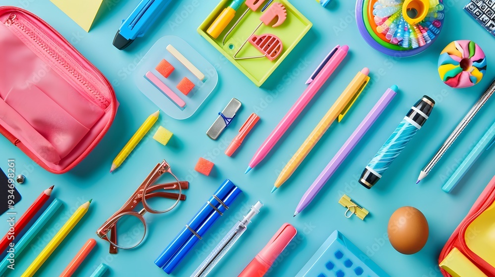 Flat lay colorful school supplies on blue background. Back to school concept. Top view, overhead. Flat lay colorful school supplies on blue background. Back to school concept. Top view, overhead.