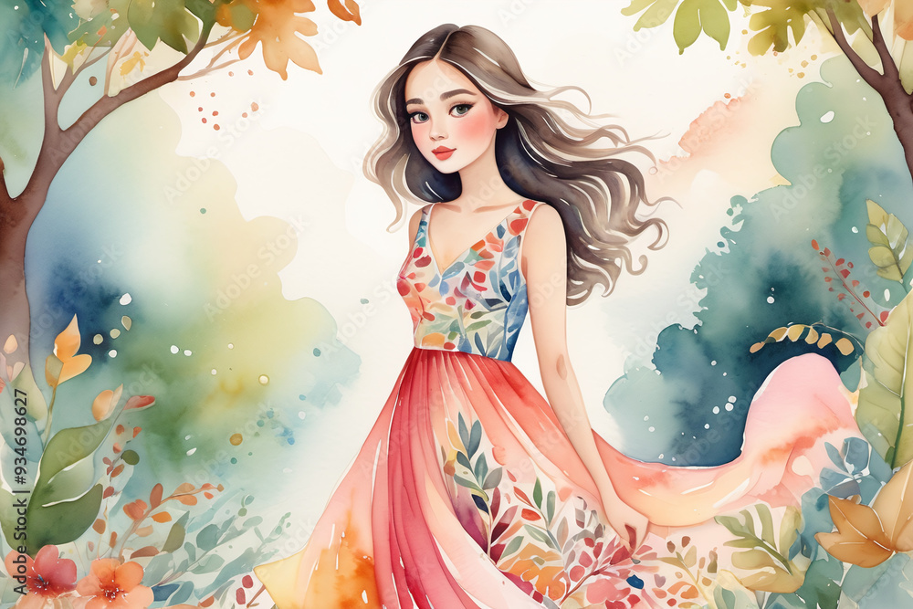 Aquarelle jeune femme aux cheveux longs en robe en automne, très coloré Aquarelle jeune femme aux cheveux longs en robe en automne, très coloré