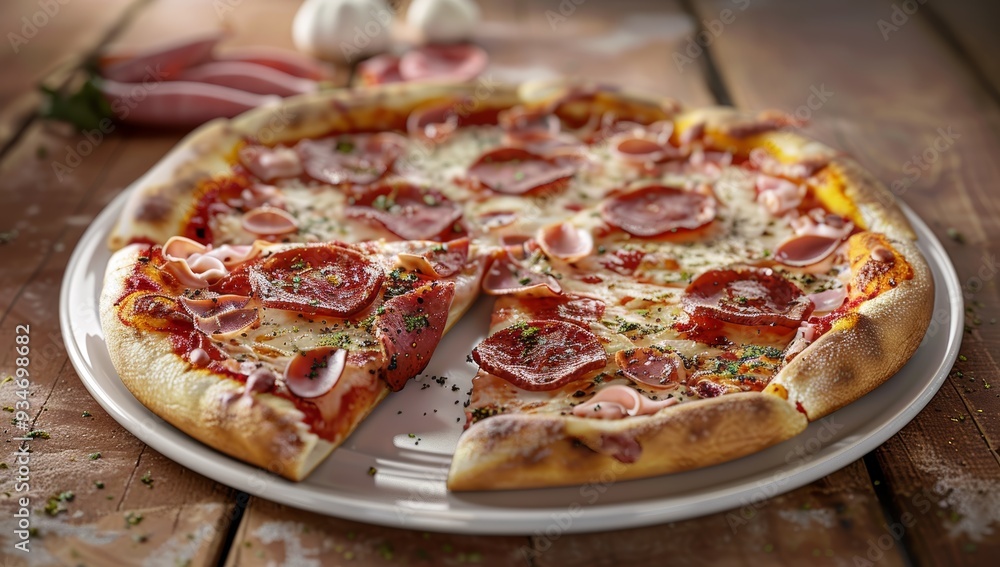 A Delicious Pizza with Salami and Ham Served on a White Plate A Delicious Pizza with Salami and Ham Served on a White Plate