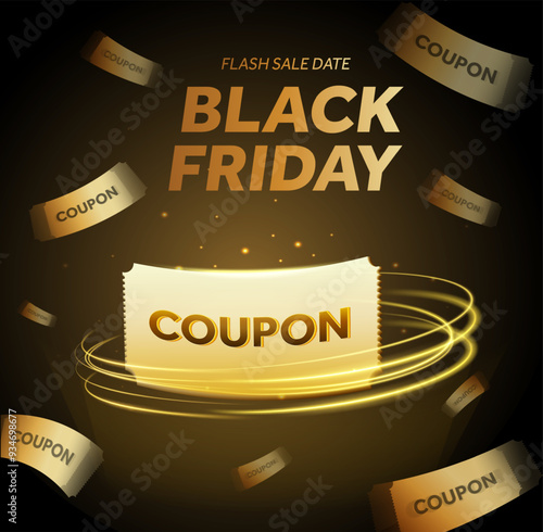 3d shining premium golden coupons on black background. Black friday gift voucher, coupon code giveaway banner template. Discount event poster. 3d vector illustration. Vector illustration