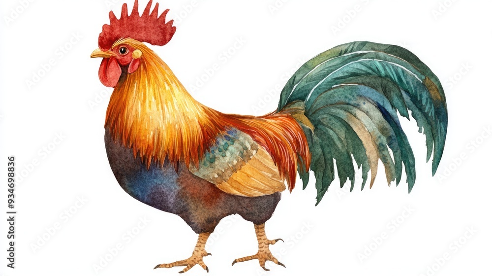 Fototapeta premium Watercolor illustration of a decorative rooster representing a festive celebration