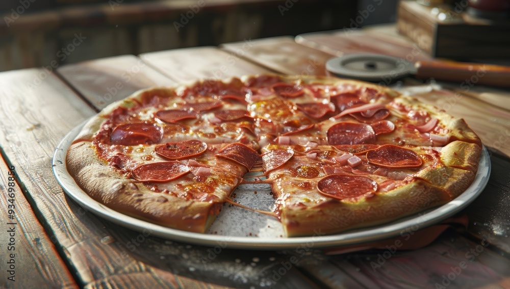 A Slice of Pepperoni and Ham Pizza on a Wooden Table A Slice of Pepperoni and Ham Pizza on a Wooden Table