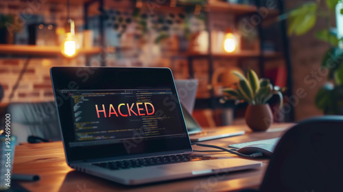 word HACKED displayed on the screen of a laptop on the table in modern office, data breach or cybersecurity failure concept 