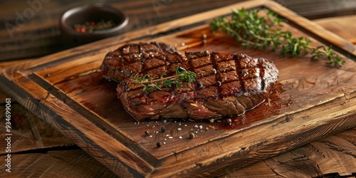 Steak on a rustic wooden cutting board in a steakhouse