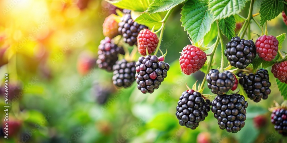 Fresh blackberries on the vine in a lush garden setting, organic, fruit, ripe, nature, farm, healthy, berry, plant, garden Fresh blackberries on the vine in a lush garden setting, organic, fruit, ripe, nature, farm, healthy, berry, plant, garden