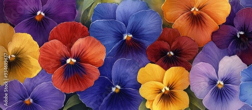Wallpaper Mural Watercolor illustration featuring a close up hand drawn depiction of colorful pansy flowers from an aerial perspective Torontodigital.ca