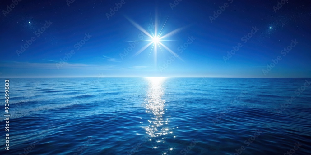 Obraz premium of a peaceful blue sea water and clear blue sky with a shining star at night, blue, sea, water, sky, star, night, peaceful, tranquil