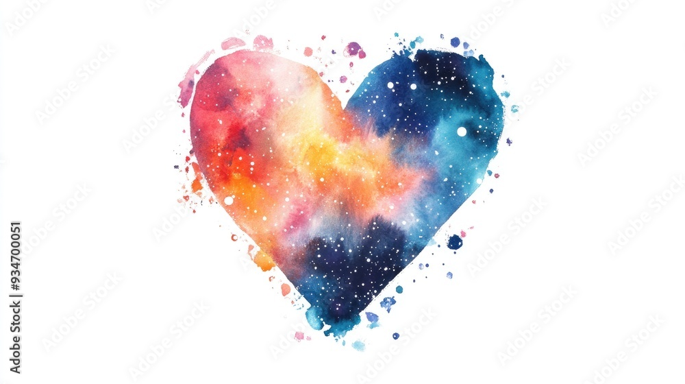 Watercolor heart design featuring a nebula and starry sky isolated on a white background Watercolor heart design featuring a nebula and starry sky isolated on a white background