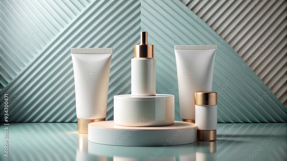 Three cosmetic product mockups on geometric podiums for presentation, cosmetic, product, mockup, geometric, podium Three cosmetic product mockups on geometric podiums for presentation, cosmetic, product, mockup, geometric, podium