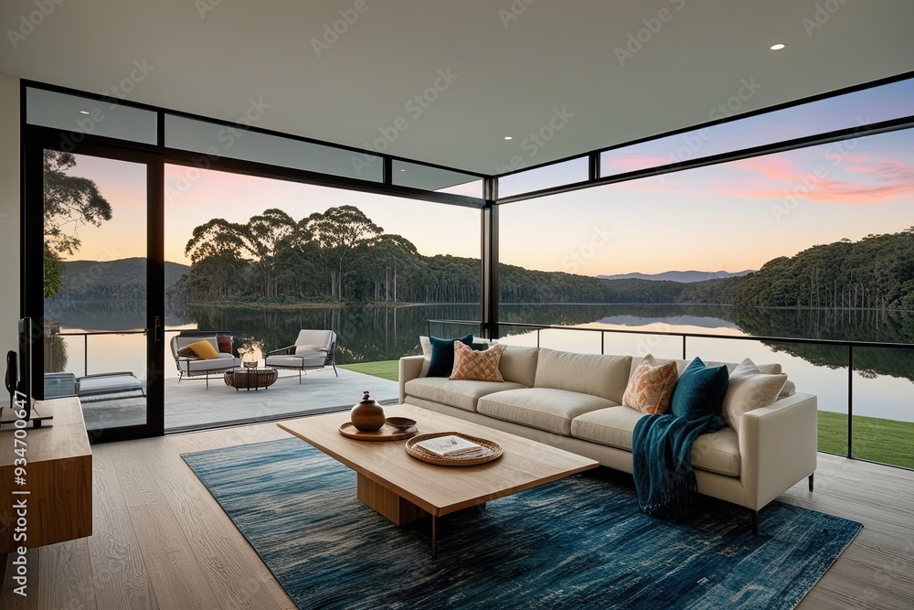 Fototapeta premium Bright Modern Living Area with Spacious Panoramic View of Tranquil Lakes