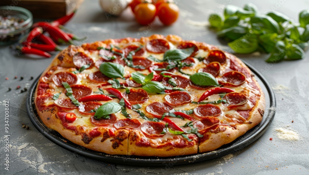 A Delicious Pepperoni Pizza Topped with Fresh Basil and Chili Peppers A Delicious Pepperoni Pizza Topped with Fresh Basil and Chili Peppers