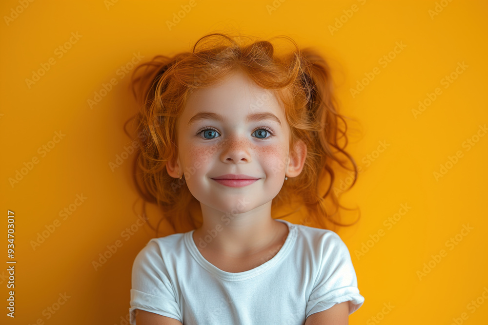 Smiling young girl with red hair against yellow background Smiling young girl with red hair against yellow background